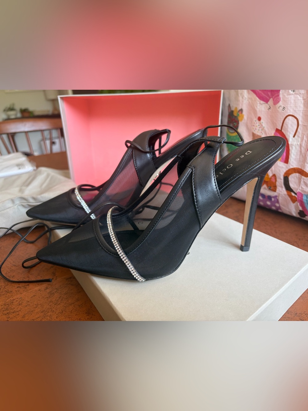 Dee Ocleppo Black Mesh Slingback Heels with Crystal Accent